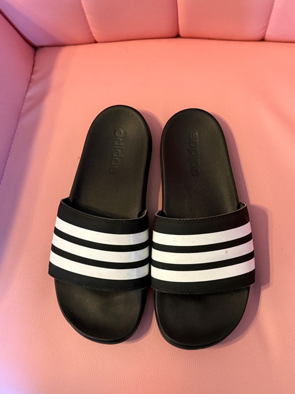 adidas Black Slides with White Stripes